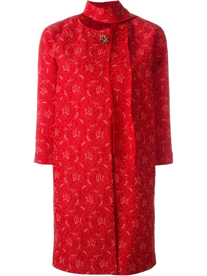 Ermanno Scervino Brooch Lace Coat, Women's, Size: 42, Red, Polyamide/viscose/polyester/spandex/elastane
