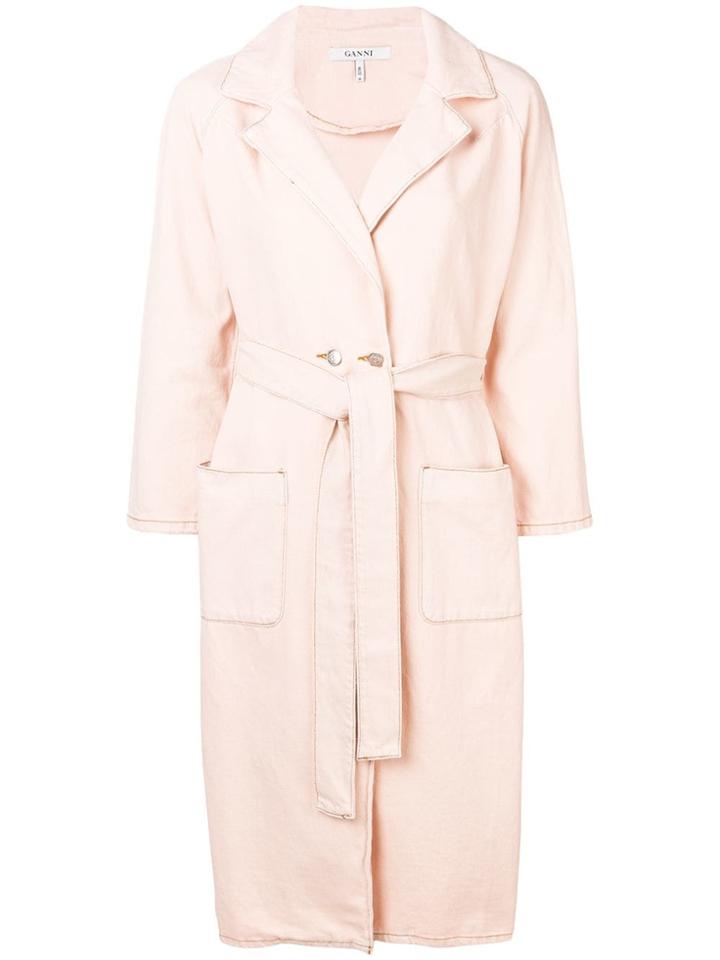 Ganni Belted Denim Coat - Pink