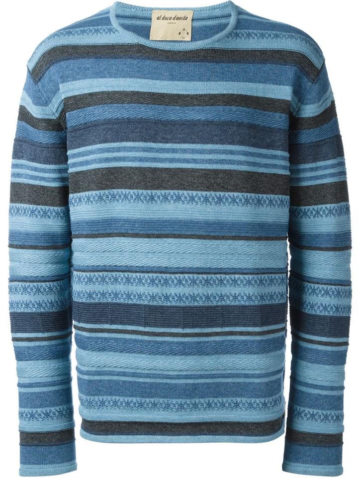 Al Duca D'aosta 1902 Striped Crew Neck Jumper, Men's, Size: Medium, Blue, Cotton