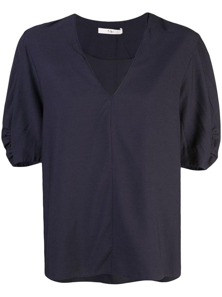 Tibi Viscose Twill V-neck Top - Blue