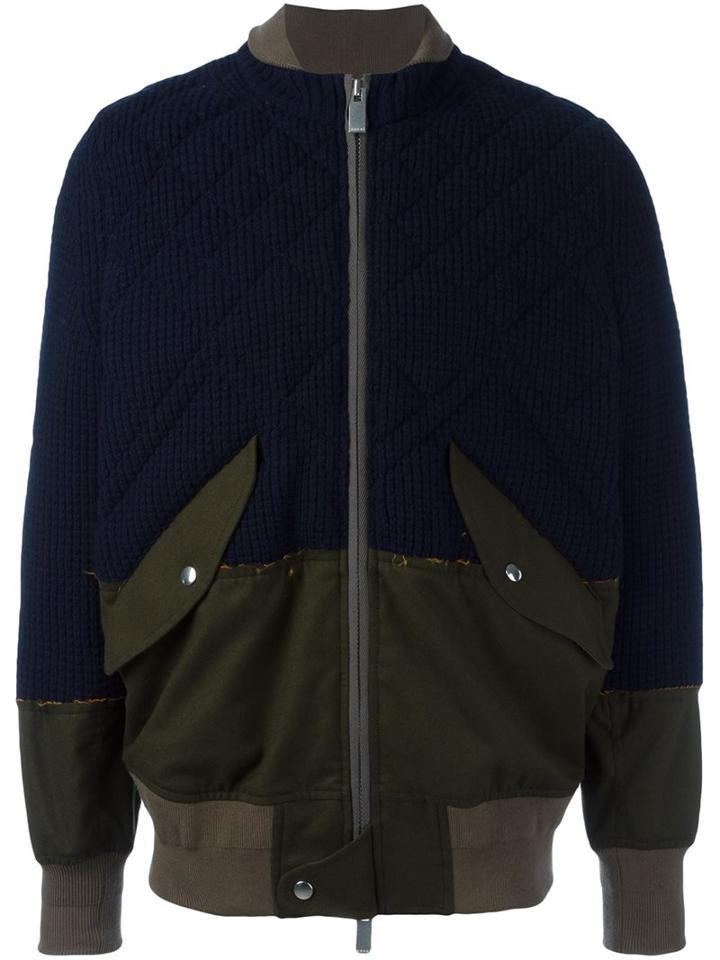 Sacai Frayed Edge Bomber, Men's, Size: 4, Blue, Cotton/polyester/wool Felt