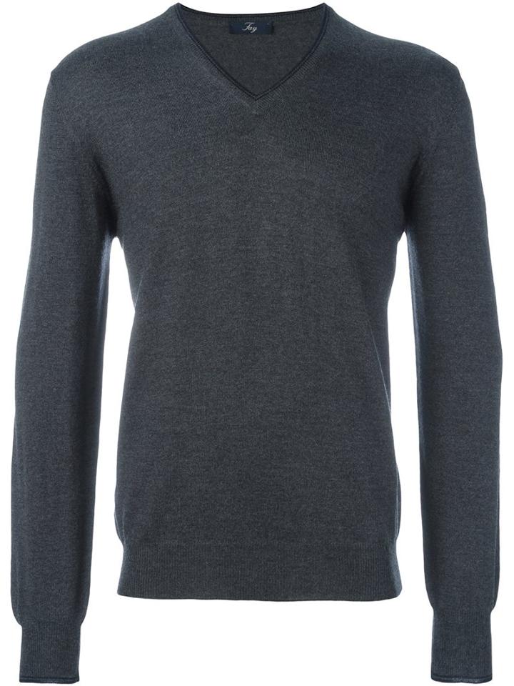 Fay V-neck Ribbed Sweater, Men's, Size: 54, Grey, Virgin Wool