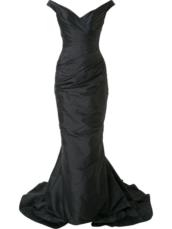 Romona Keveza Off Shoulder Ruched Fishtail Gown - Black