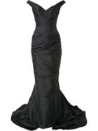 Romona Keveza Off Shoulder Ruched Fishtail Gown - Black