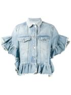 Msgm Ruffle-trimmed Denim Jacket, Women's, Size: 42, Blue, Cotton