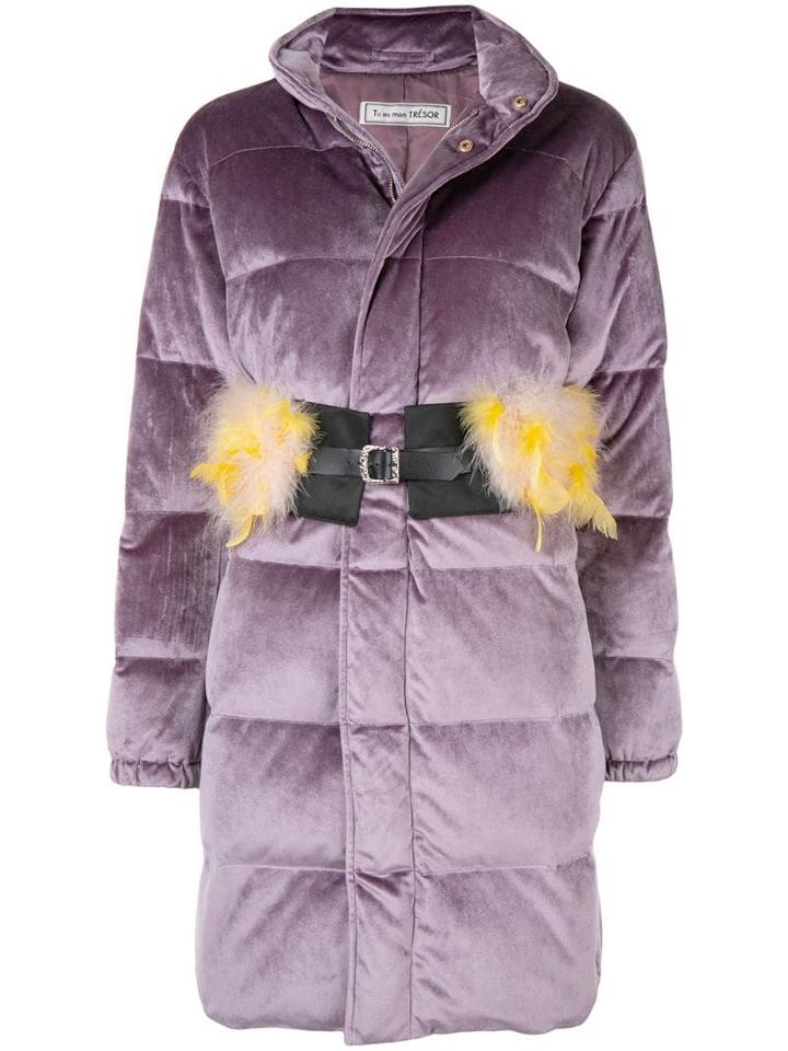 Tu Es Mon Trésor Feather Belt Velours Down Coat - Purple