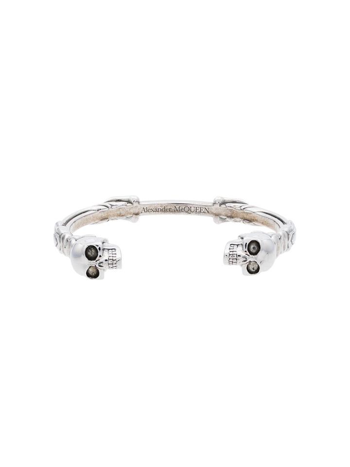 Alexander Mcqueen Silver Metallic Twin Textured Skull Bracelet