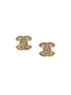Chanel Vintage Interlocking Cc Strass Earrings - Gold
