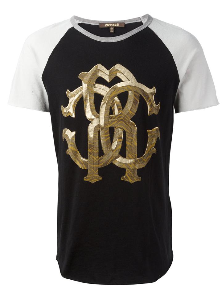 Roberto Cavalli Two-tone Metallic Monogram Logo T-shirt, Men's, Size: Small, Black, Cotton