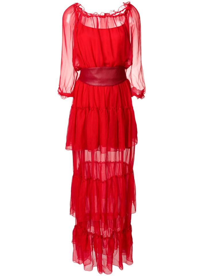 Federica Tosi Belted Sheer Long Dress - Red