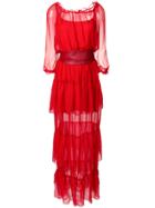 Federica Tosi Belted Sheer Long Dress - Red