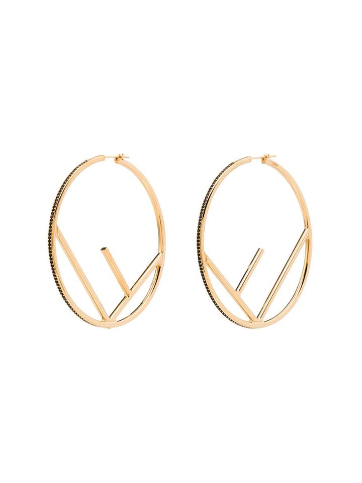 Fendi Black Crystal Hoop Earrings - Gold