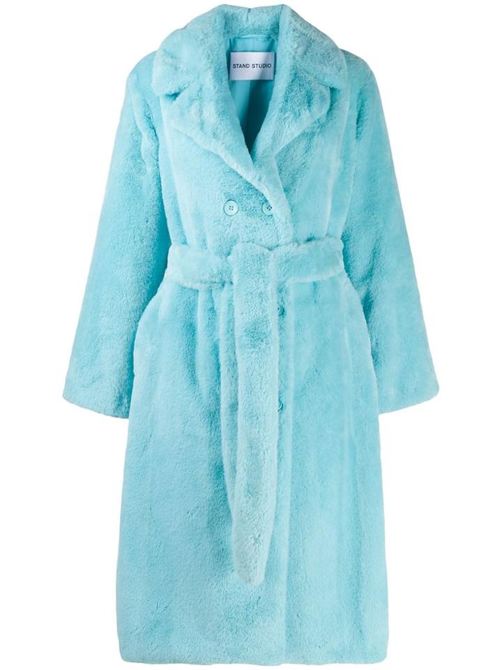 Stand Faux Fur Midi Coat - Blue