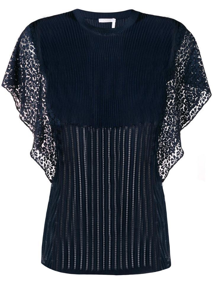 Chloé Sheer Rib Knit Flutter Sleeve Top - Blue