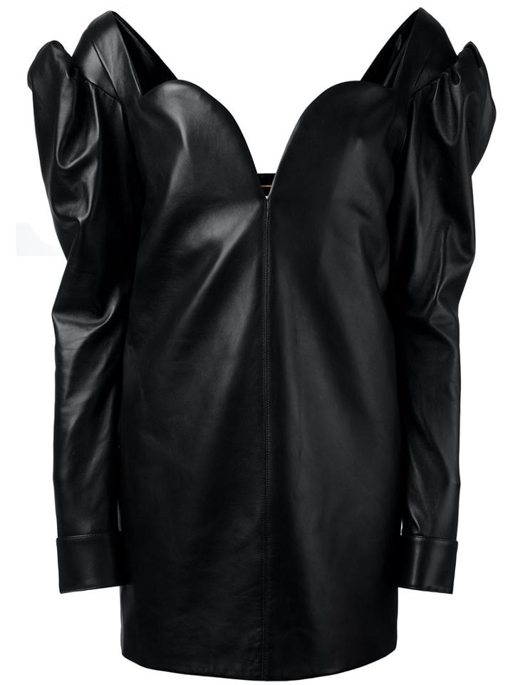 Saint Laurent Sweetheart Leather Mini Dress, Women's, Size: 36, Black, Lamb Skin/silk