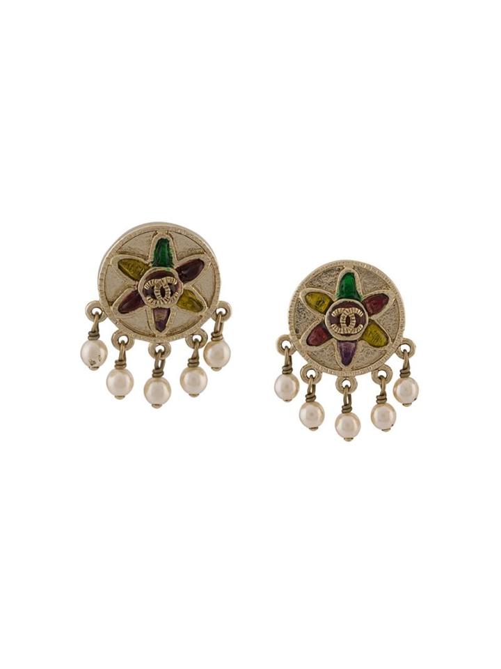 Chanel Vintage Tribal Pearl Drop Clip On Earrings