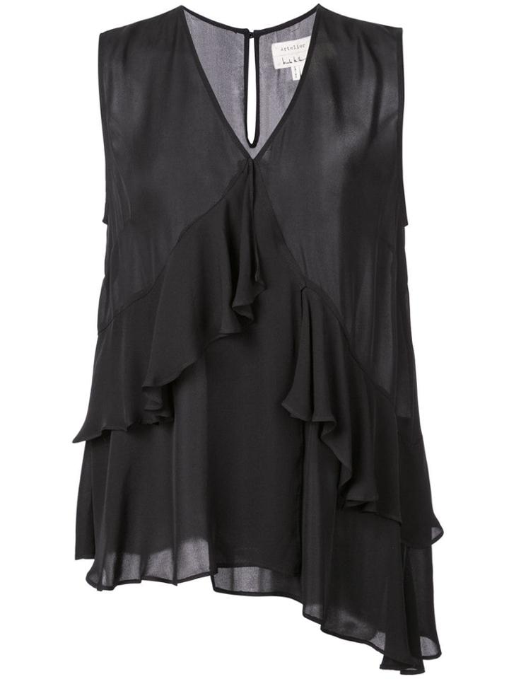 Nicole Miller Ruffled V-neck Blouse - Black