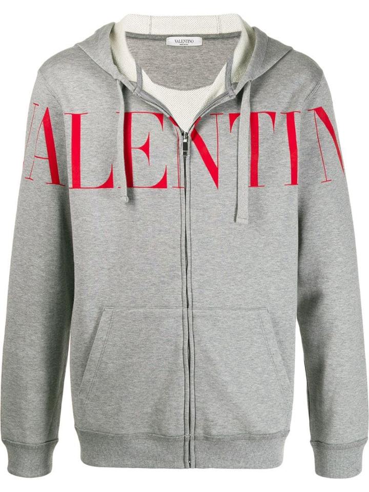 Valentino Logo Print Zipped Hoodie - Grey