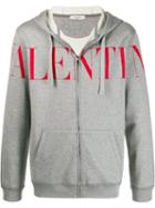 Valentino Logo Print Zipped Hoodie - Grey