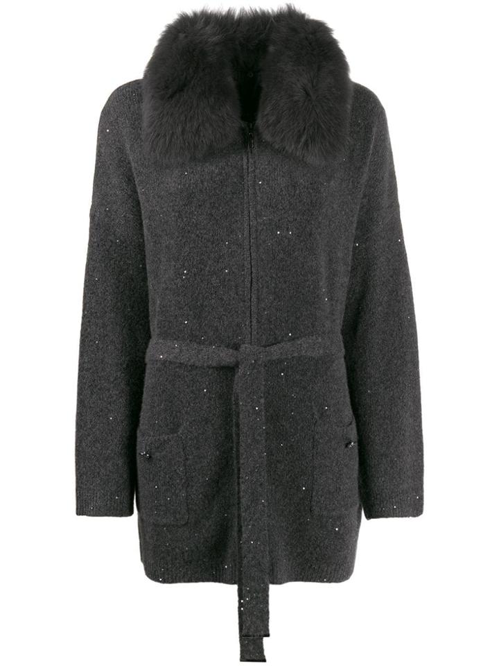 Max & Moi Fur Collar Cardigan - Grey