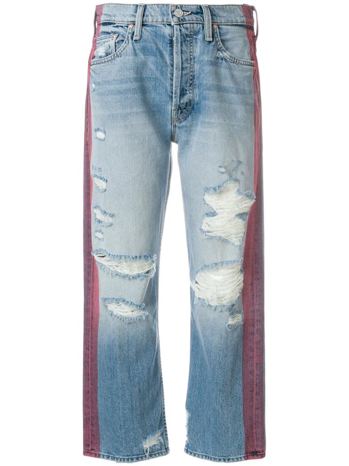 Mother Stripe Panel Cropped Straight Jeans - Blue