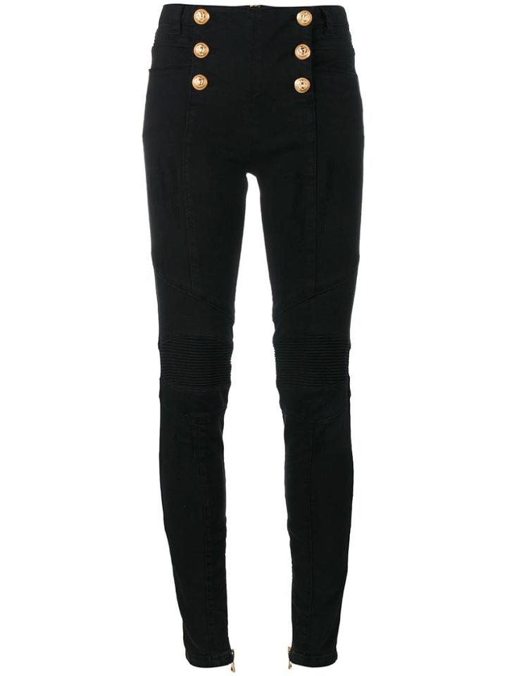 Balmain Metallic Button Biker Jeans - Black
