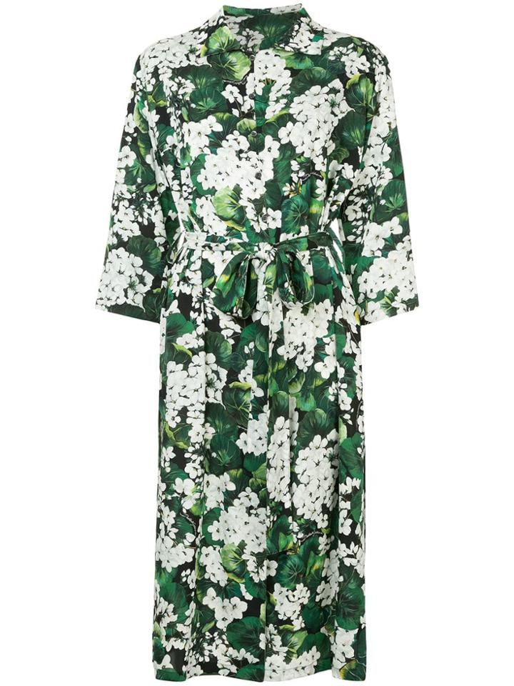 Dolce & Gabbana White Geranium Printed Shirt Dress - Green