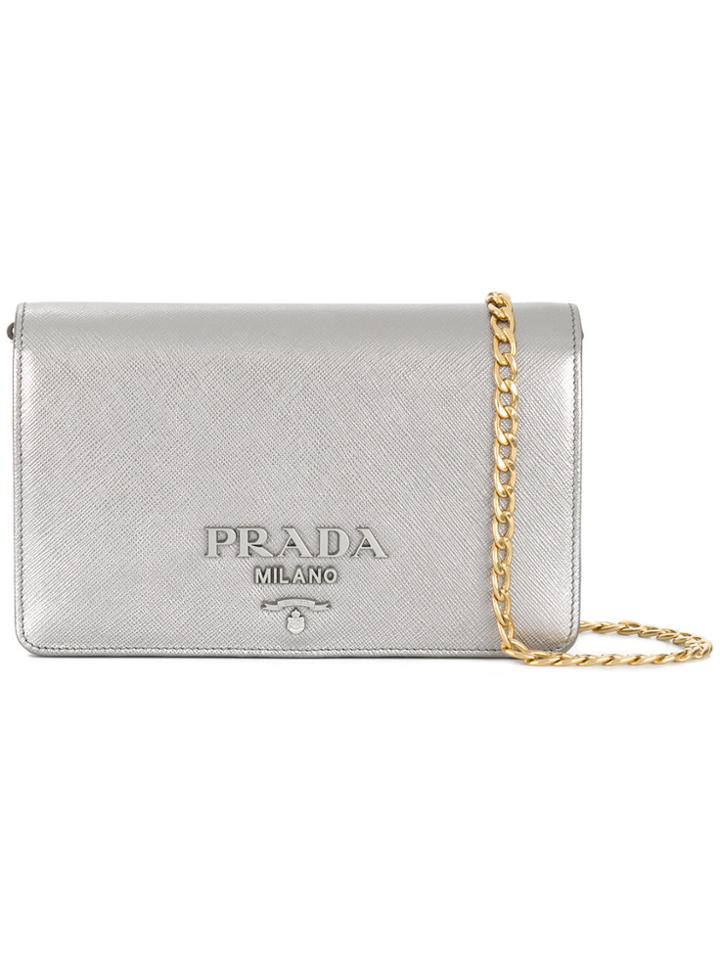 Prada Logo Plaque Chain Wallet - Metallic
