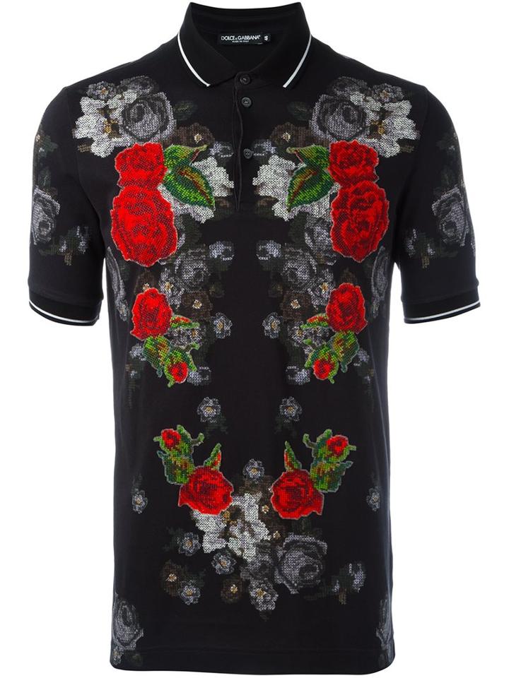 Dolce & Gabbana Flower Patch Polo Shirt, Men's, Size: 50, Black, Cotton