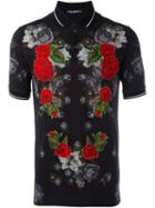 Dolce & Gabbana Flower Patch Polo Shirt, Men's, Size: 50, Black, Cotton