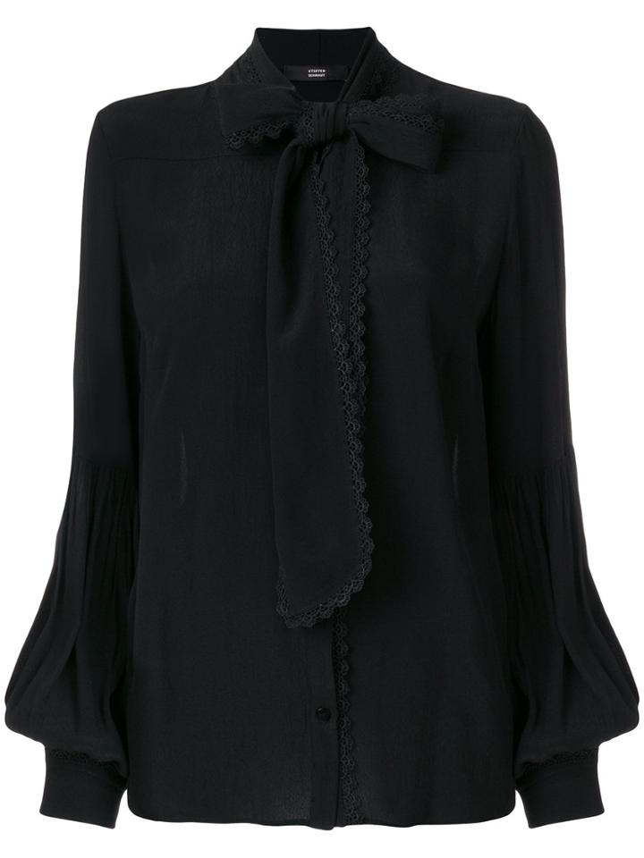 Steffen Schraut Embroidered Trim Pussybow Blouse - Black