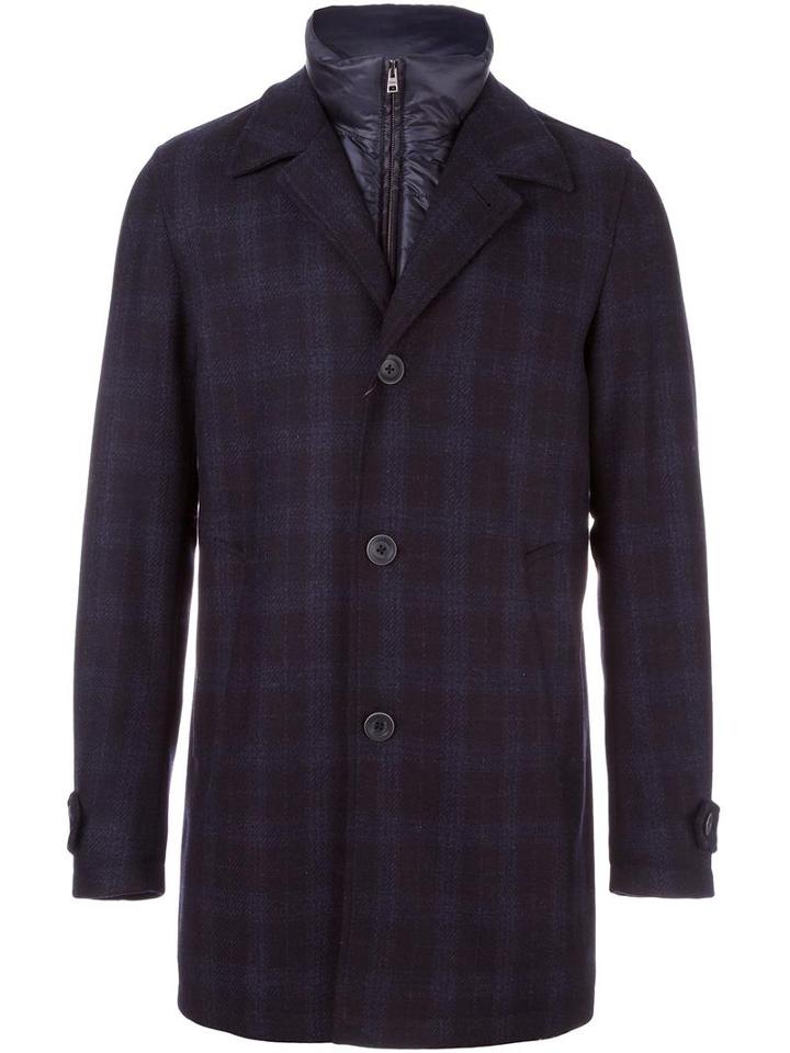 Herno Plaid Single Breasted Coat, Men's, Size: 48, Blue, Polyamide/polyester/wool