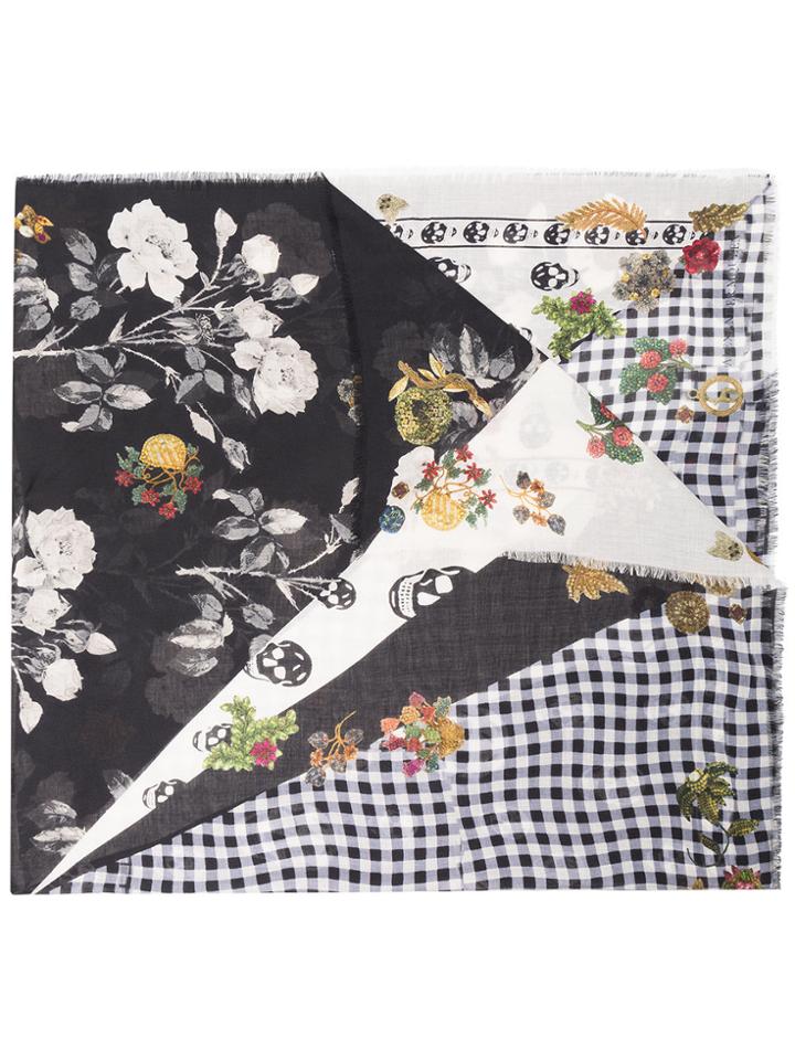 Alexander Mcqueen Black Floral Raw Edge Scarf