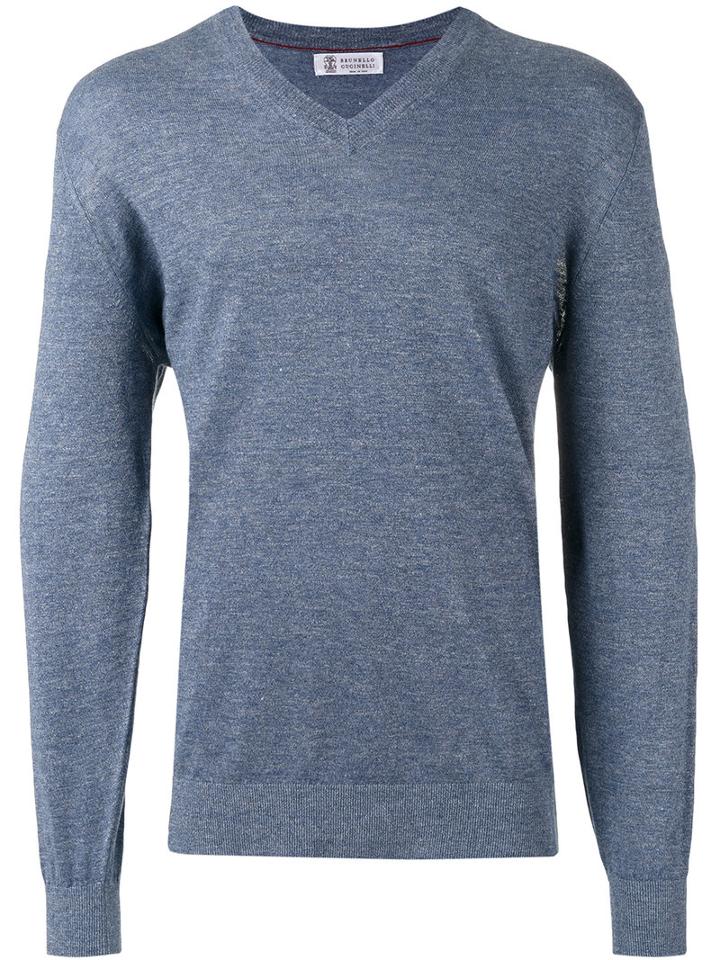 Brunello Cucinelli V Neck Sweatshirt, Men's, Size: 52, Blue, Cotton/linen/flax
