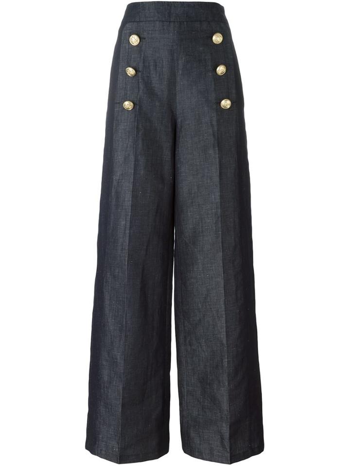 No21 Chambray Wide Leg Trousers, Women's, Size: 40, Blue, Cotton/linen/flax