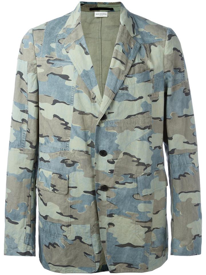 Dries Van Noten Camouflage Print Blazer, Men's, Size: 48, Green, Cotton/linen/flax