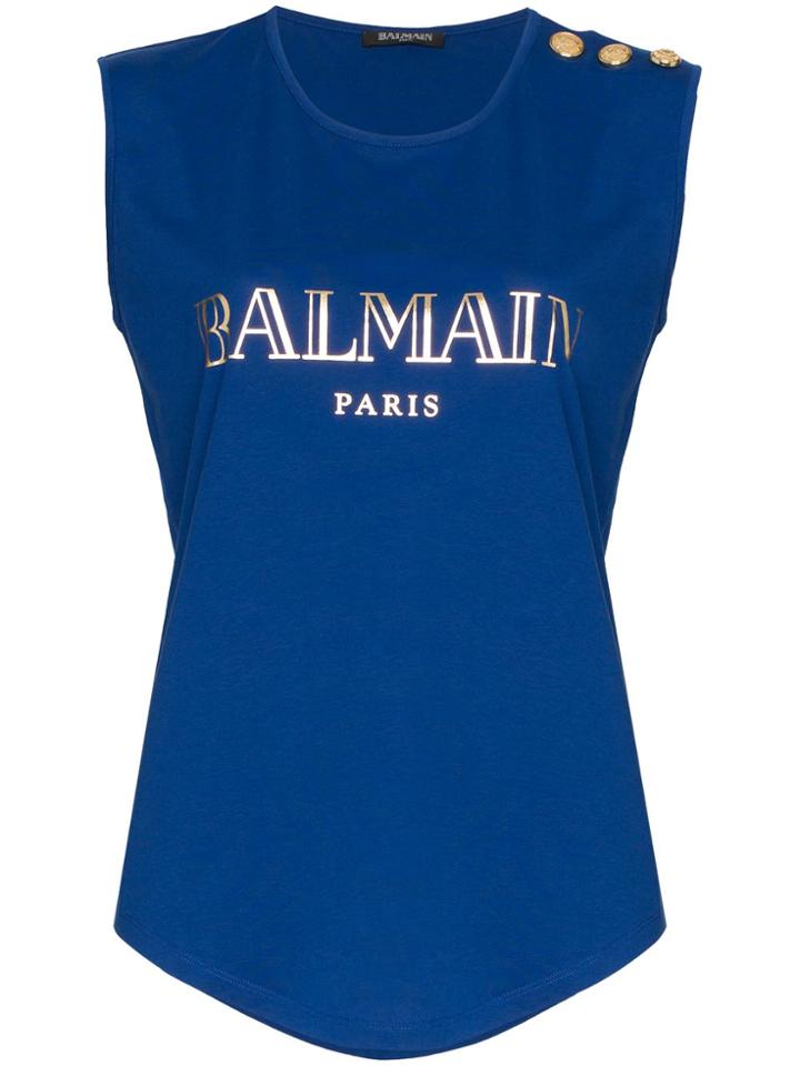 Balmain Blue Sleeveless Logo Print Cotton T-shirt