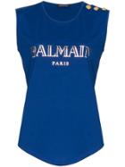 Balmain Blue Sleeveless Logo Print Cotton T-shirt