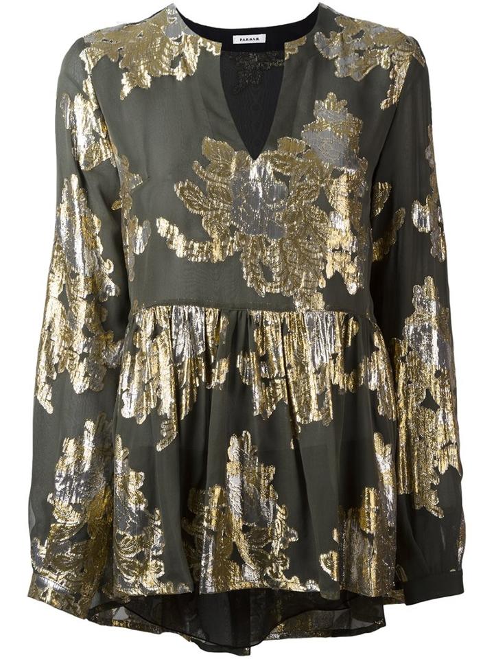 P.a.r.o.s.h. Metallic Ruffled Blouse, Women's, Size: Xs, Green, Silk/polyester/metallic Fibre