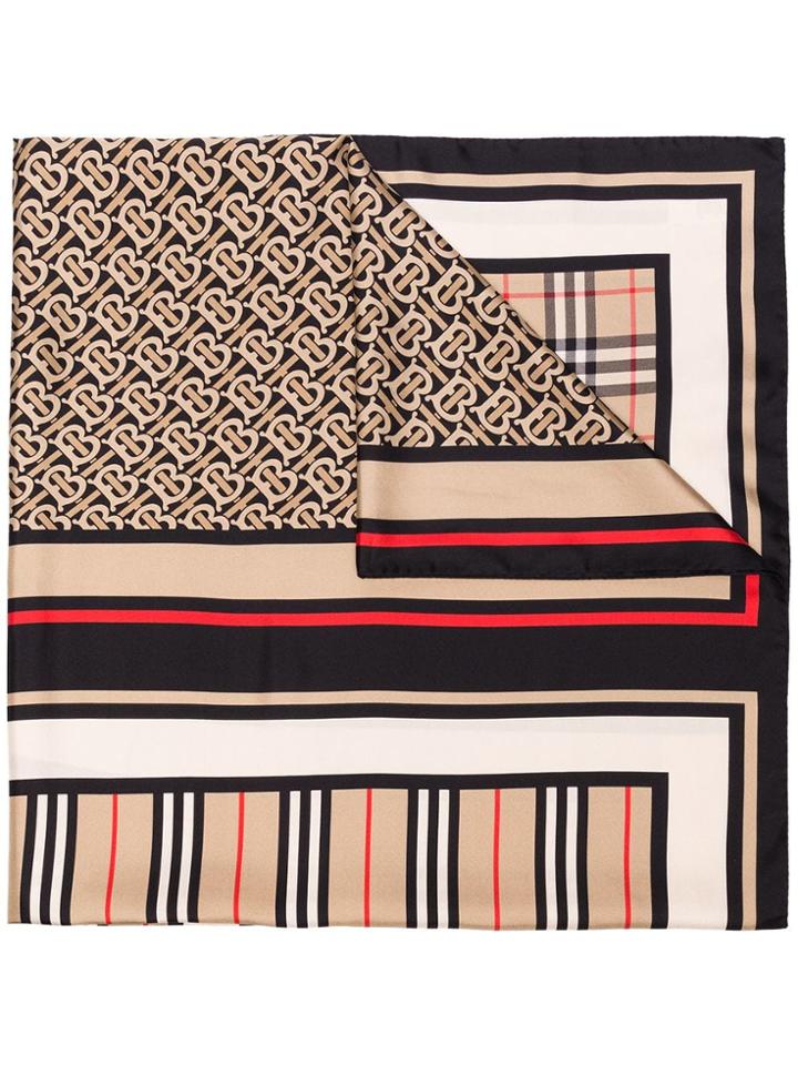 Burberry Black And Beige Monogram Silk Scarf - Neutrals