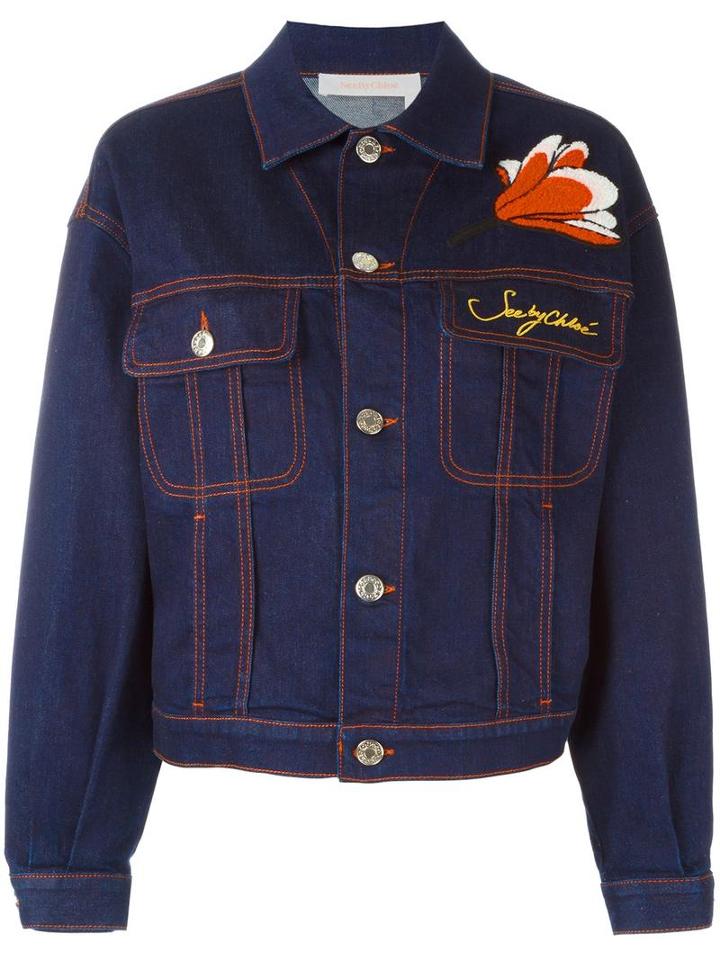 See By Chloé Flower Applique Denim Jacket, Women's, Size: 42, Blue, Cotton/spandex/elastane