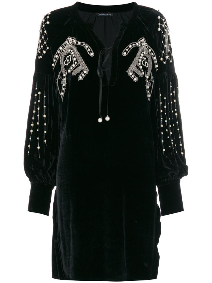 Wandering Sequin And Faux Pearl Embroidered Dress - Black