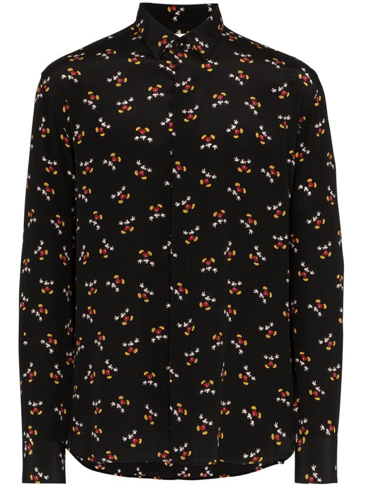 Saint Laurent Mickey Print Long Sleeve Silk Shirt - Black