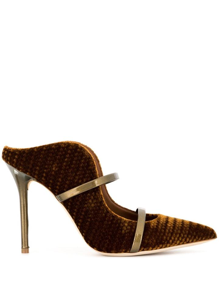 Malone Souliers Mustard Maureen 100mm Chevron Velvet Mules - Brown