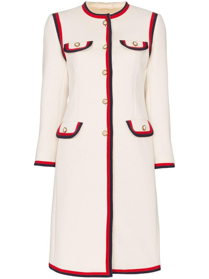 Gucci Single Breasted Web Trim Wool Coat - Neutrals