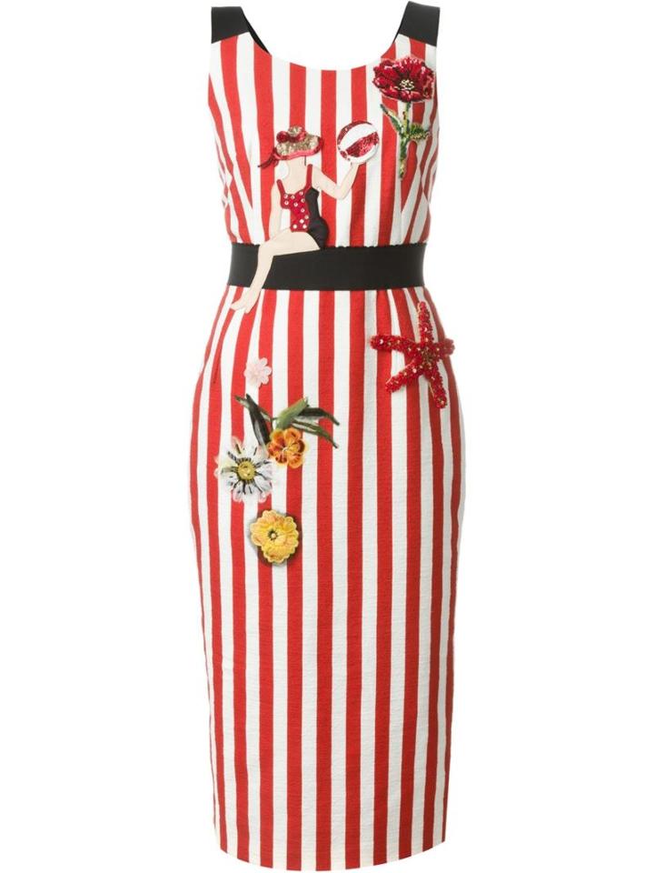 Dolce & Gabbana Embellished Striped Dress, Women's, Size: 40, Red, Cotton/spandex/elastane/acetate
