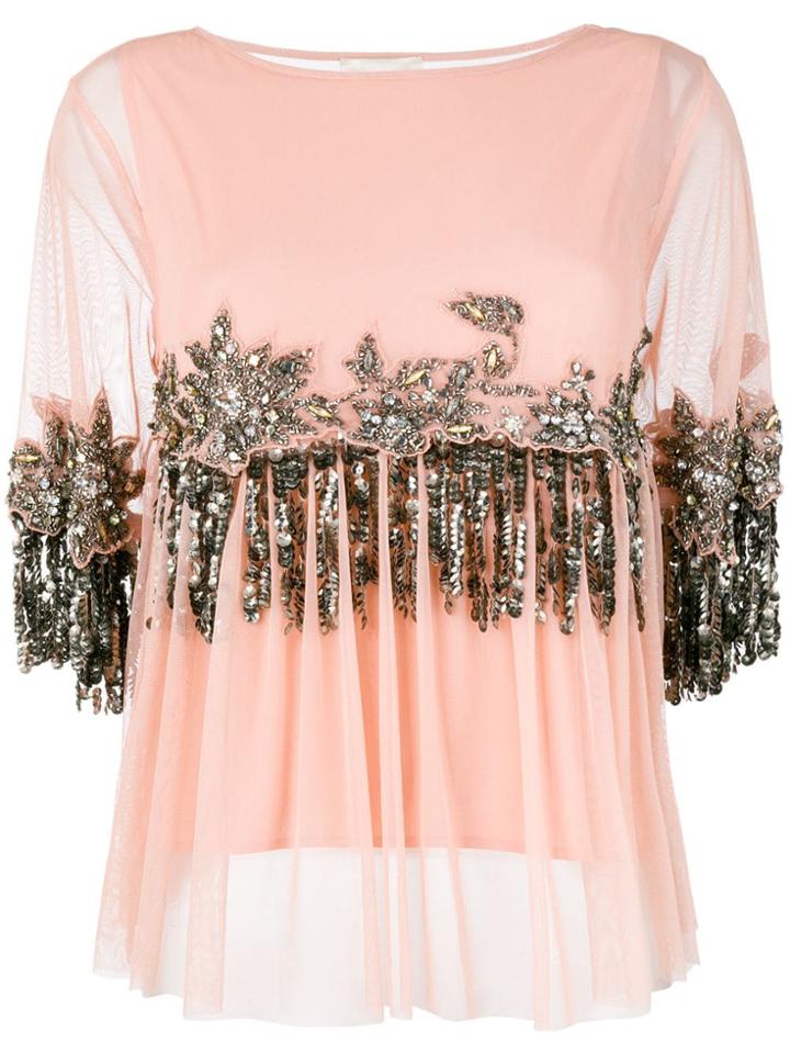 Semicouture Jewel Embroidered Tulle Top - Nude & Neutrals