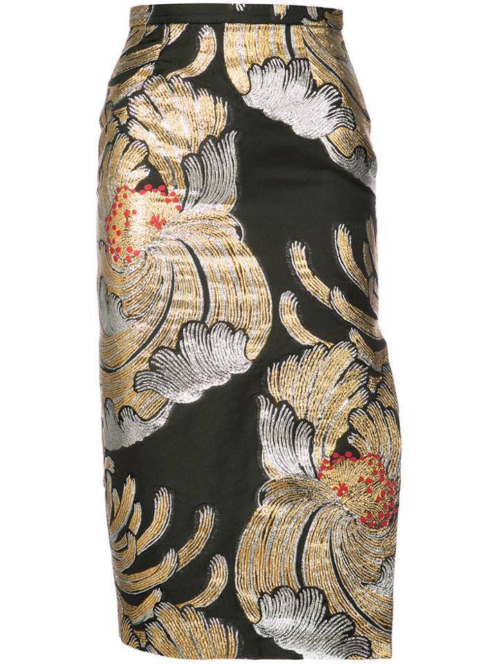 Rochas Metallic Floral Pencil Skirt - Black