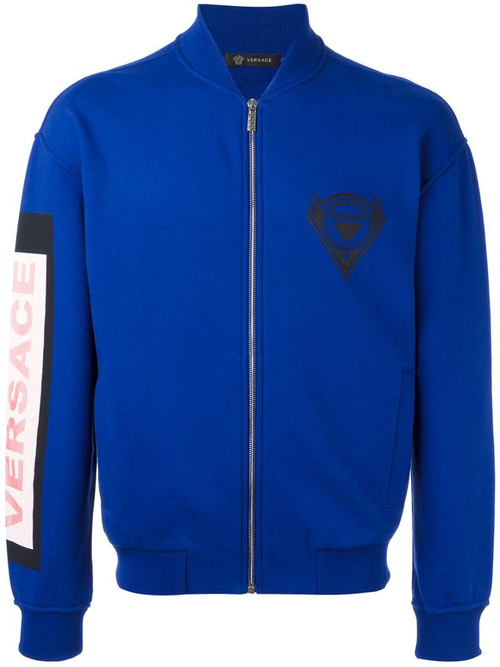 Versace Logo Patch Bomber Jacket, Men's, Size: Xl, Blue, Cotton/polyamide/spandex/elastane