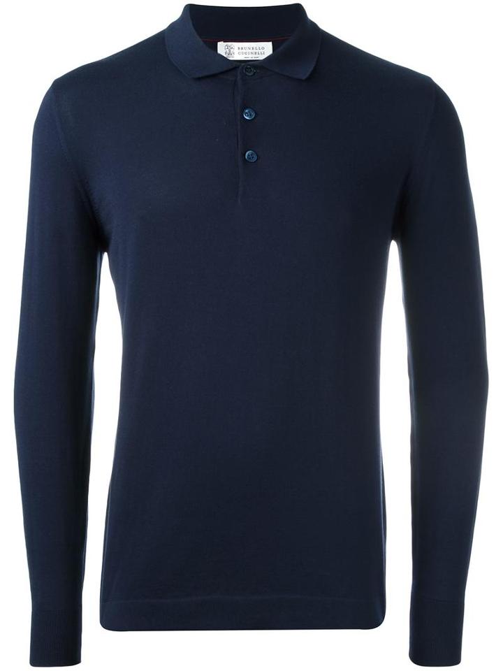 Brunello Cucinelli Long Sleeve Polo Shirt, Men's, Size: 54, Blue, Cotton